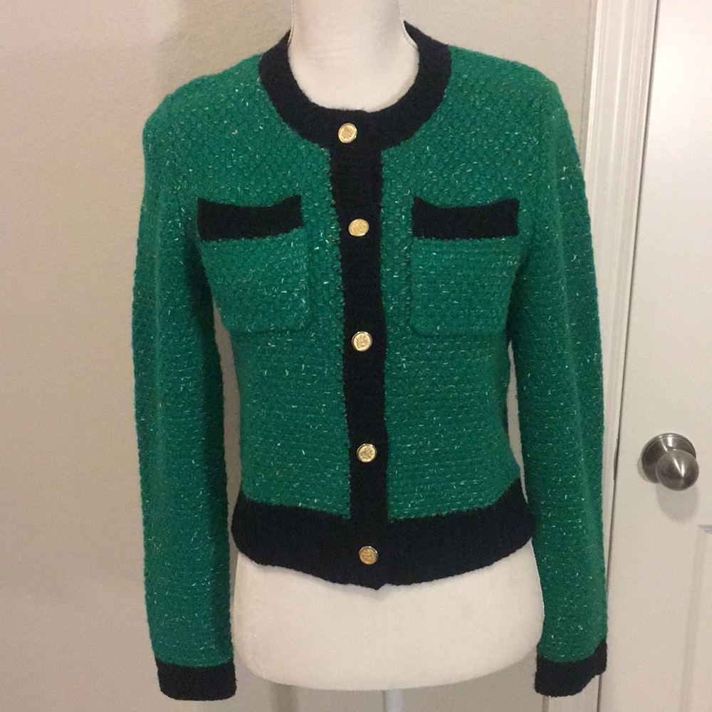 Urban Revivo Green Boucle Tweed Lady Cardigan w Black Trim & Gold Buttons Small
